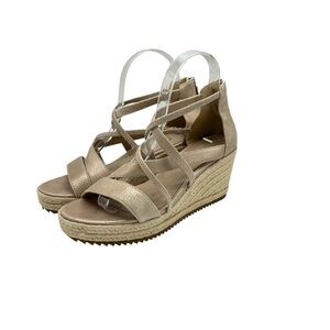 Eileen Fisher Wanda Wedge Espadrille Platform Sandals Size 7 Metallic Tan Suede